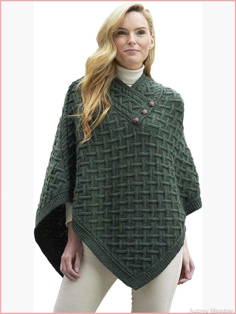 100% Merino Wool Cable Knit Button Poncho Super Soft